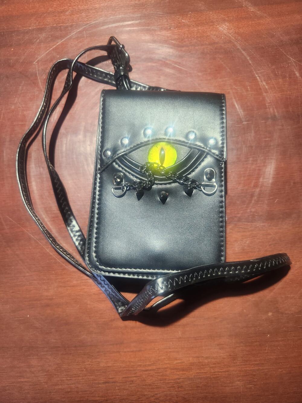Black Faux Leather Eye Design Wristlet Pouch with Chain Accent